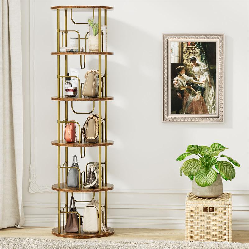 Flycity Rotating Bookshelf,3 Tier - 5 Tier Spinning Bookshelf Tower,360° Display Floating Shelves,Floor Standing Corner Racks Furniture Storage Organizer Design Round Modern floating shelves Adjustable Height Chair