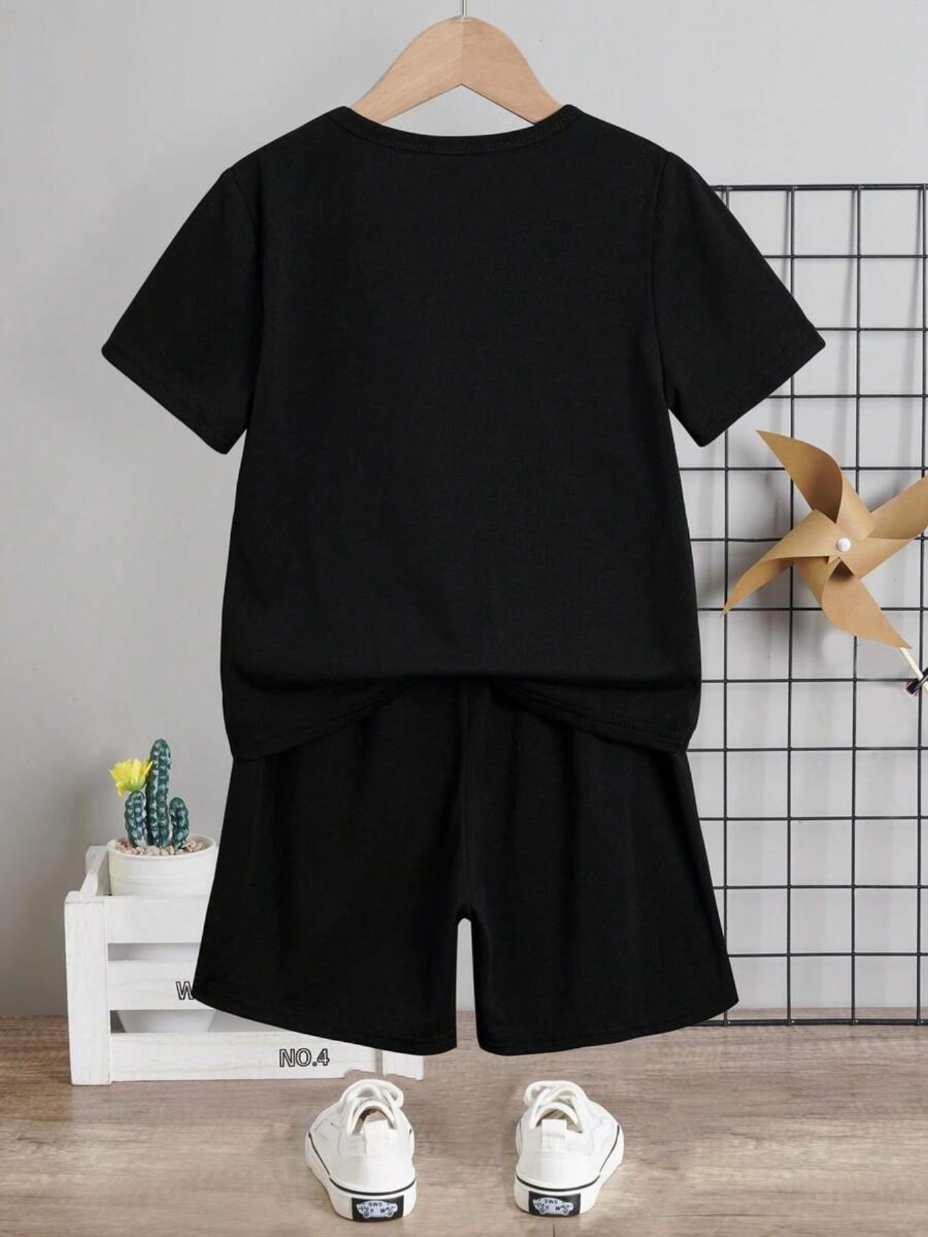 Boys' Casual Striped Miami City Name Print Short Sleeve T-Shirt & Shorts Set, Summer Daily Wear, Youth Fashion Two-Piece, Clothing Sets, Outfit