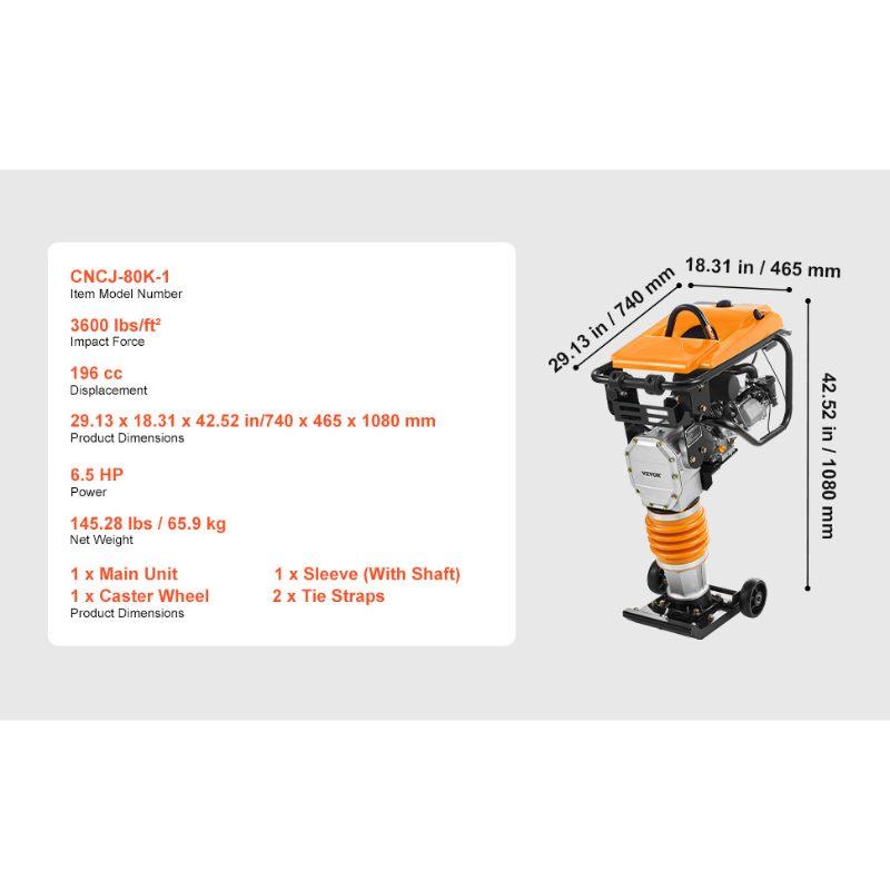 VEVOR Jumping Jack Compactor, 6.5 HP Vibratory Rammer Fuel-Powered 196 cc Engine Tamper, 3600 lbs Impact Force, 26 Max Compaction Depth, for Soil, Gravel, Footings, Concrete Slabs, and Foundations VEVOR Jumping Jack Compactor, 6.5 HP Vibratory Rammer Fuel-Powered 196 cc Engine Tamper, 3600 lbs Impact Force, 26 Max Compaction Depth, for Soil, Gravel, Footings, Concrete Slabs, and Foundations