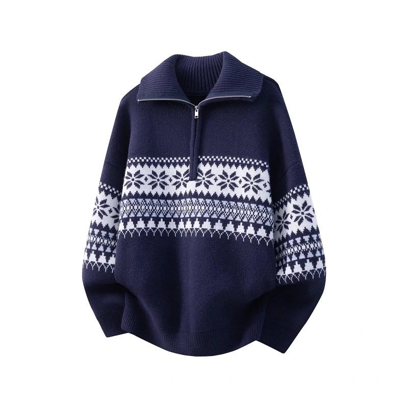 Men Fall Winter Nordic Fair Isle Jacquard Half Zip Knit Sweater, Vintage Geometric Floral Pattern, Turn‑Down Collar Long Sleeve Casual Knit Pullover For Daily Holiday Outfits # sohochic