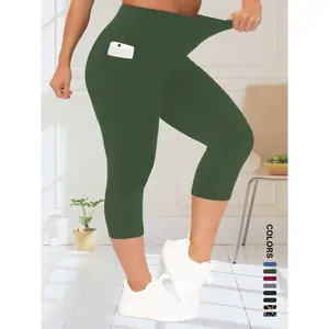 [Plus Size] Solid/Leopard Pattern High Waist Pocket Capri Leggings, Casual Comfy Skinny Capri Pants for Daily Wear, Women's Bottoms for Summer