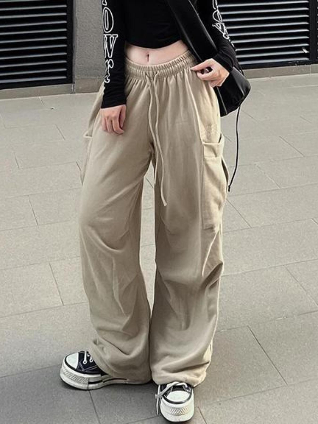 Women's Plain Drawstring Waist Cargo Pants, Casual Pocket Wide Leg Trousers for Daily Wear, Ladies Bottoms for All Seasons