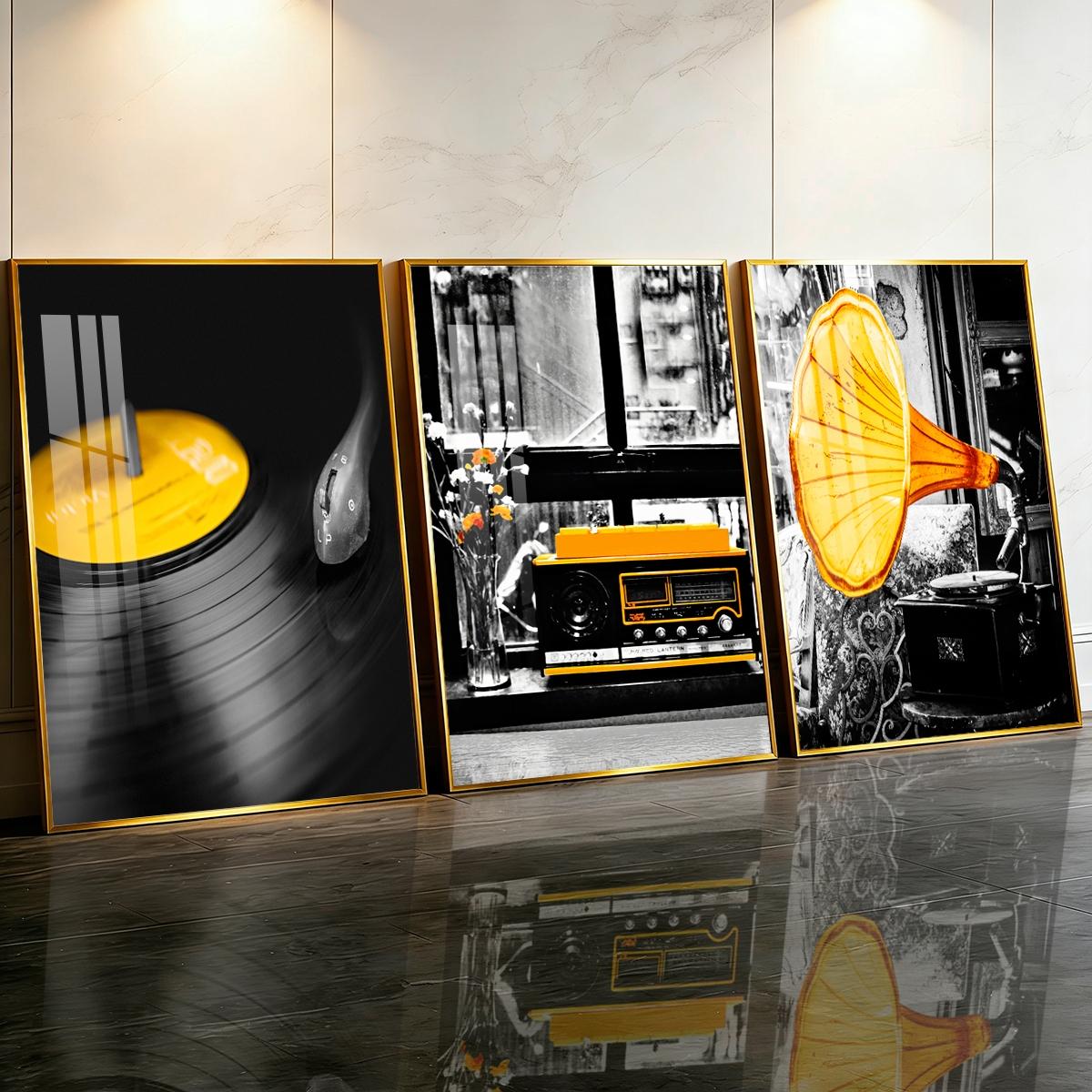 3 Counts Aluminum Alloy Framed Painting, Retro Vinyl Record Radio And Gramophone Pictures, Home Decoration For Living Room, Bedroom, Office, Restaurant, Hallway Wall Decor, Odorless Print Artwork, Luxury Perfect Gift For Friends And Family