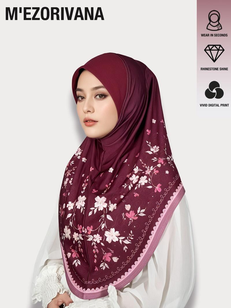 Muslim Headscarf Stretchy Hijab with Floral Print and Gemstone Accents, Multiple Colors Available, Chiffon Fabric, Comfortable Hat Brim, Ideal for Ramadan