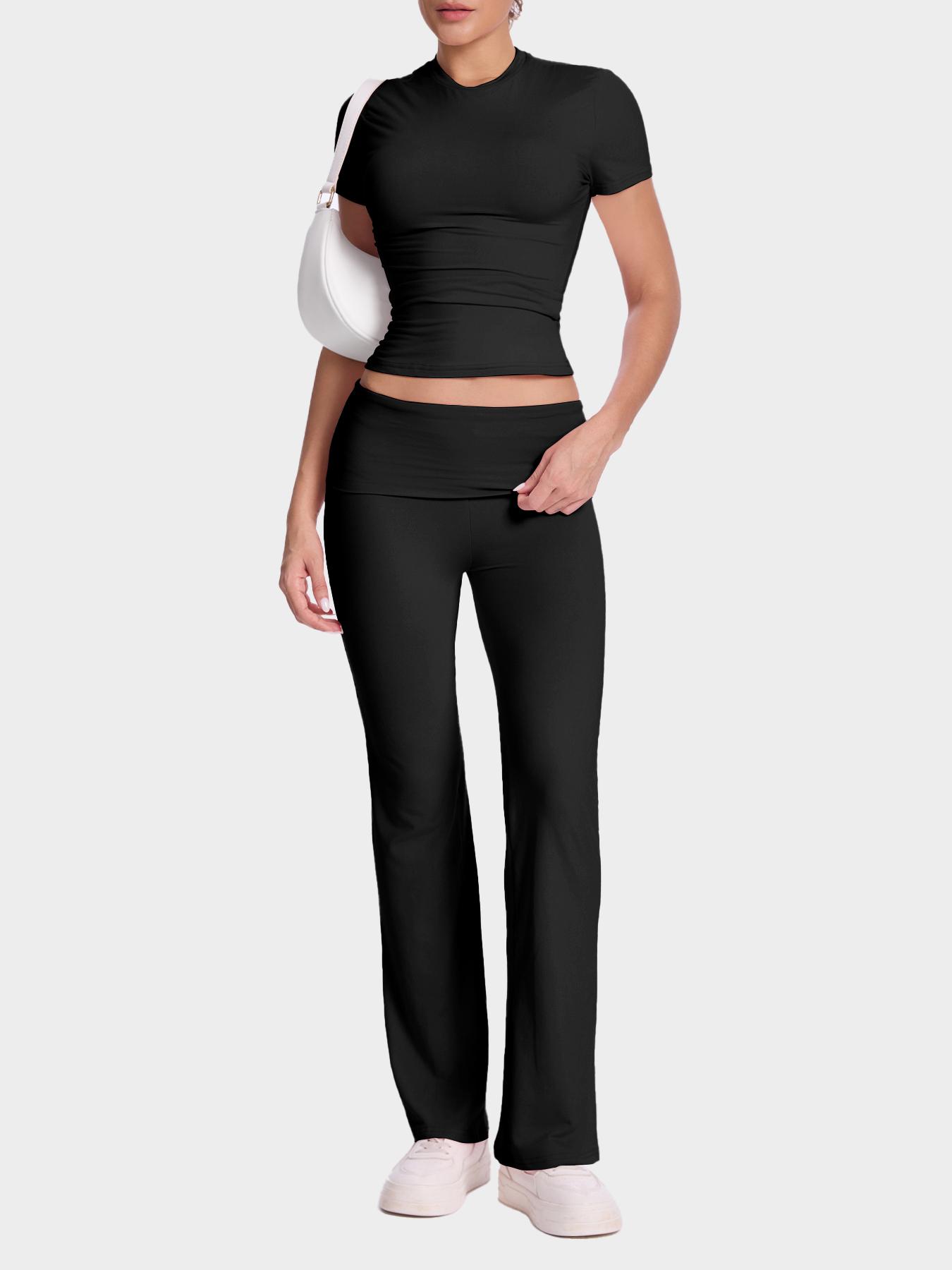 Women's Solid Color Short Sleeve Top & Flare Leg Pants Loungewear, Casual Comfy Two-piece Lounge Set, Ladies Loungewear for All Seasons, Pajama Set