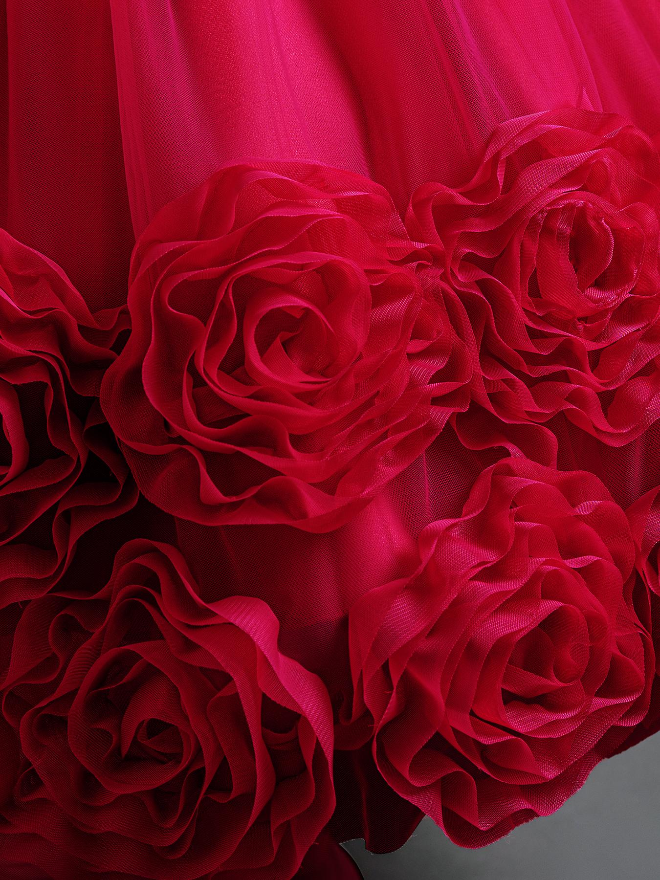 Girls Short Sleeve Party Dress Floral Embroidery Puffy Tulle Bow Flower Girl Princess Gown