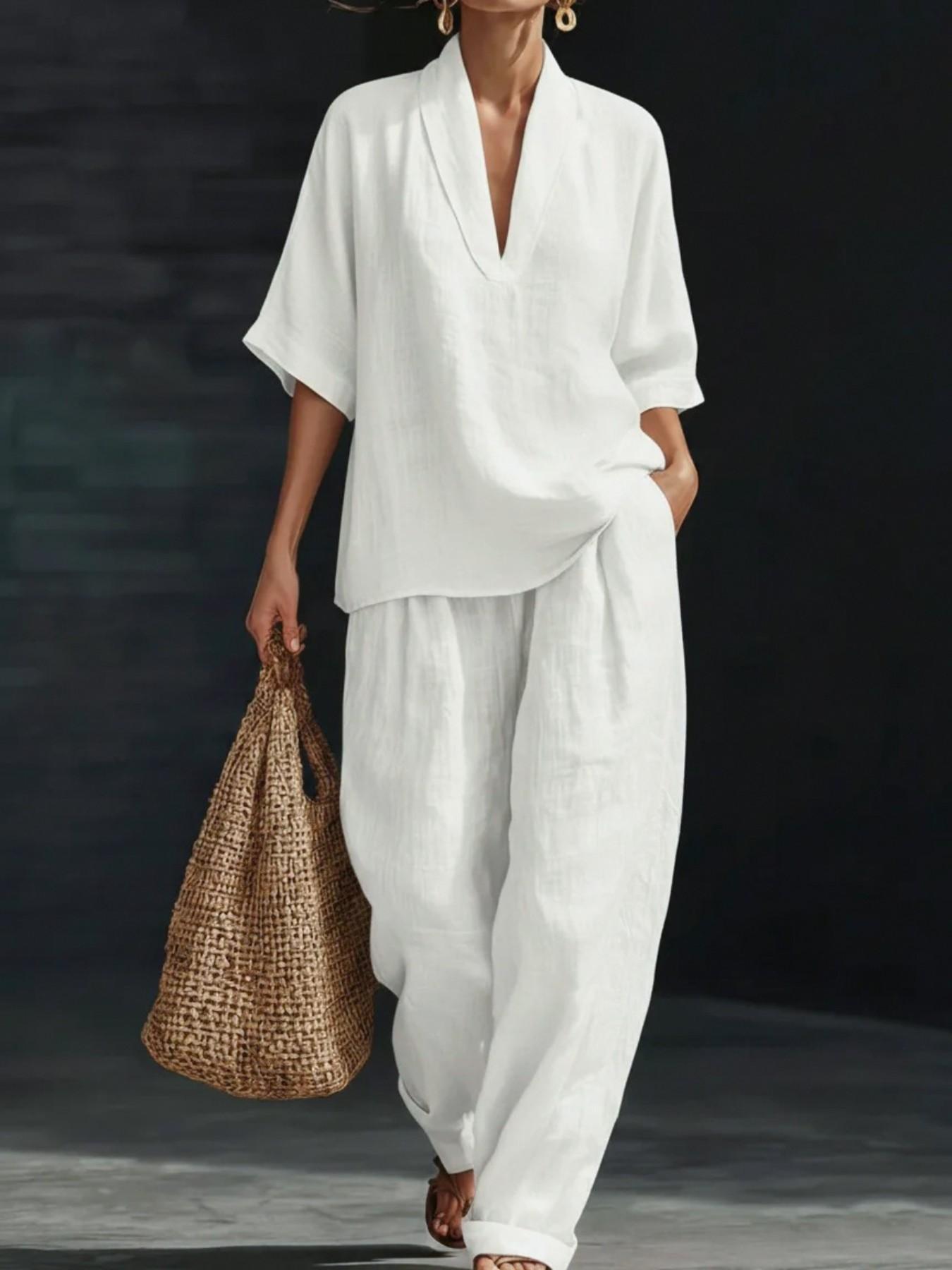 French Linen V-Neck Set for Women, Summer Loose Five-Finger Sleeve Wide Leg Pants, Lazy Style Vacation Casual Two-Piece Set Womenswear