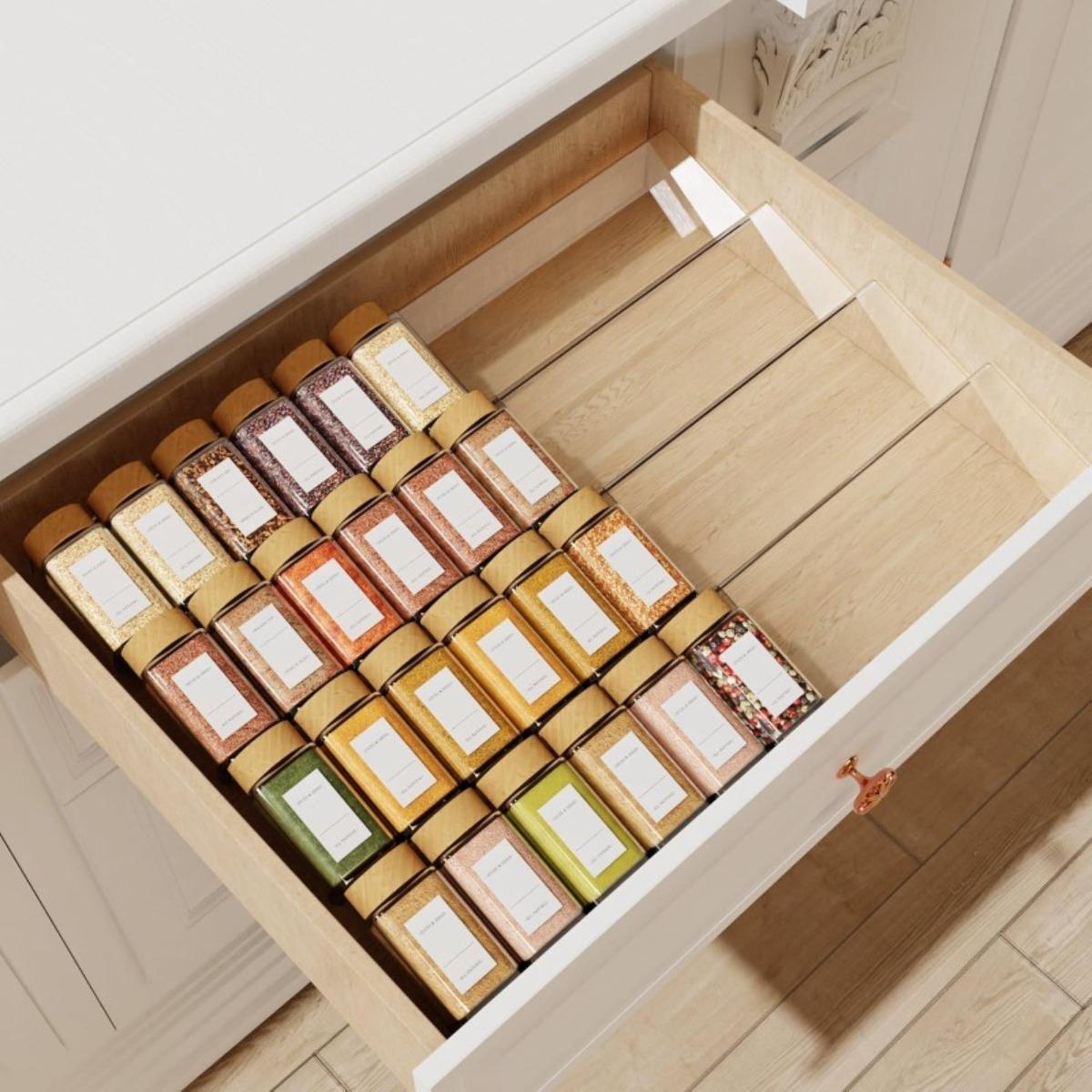 4PCS Kitchen Spice Organizer Box Set, Stackable Clear Acrylic Seasoning Rack Display Stand Set for Spice Jars and Bottles, Suitable for Drawer Cabinet and Countertop Storage, Home Kitchen Sorting and Organization Shelf