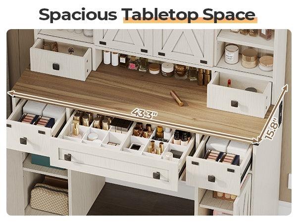 Sikaic Farmhouse Makeup Vanity Desk Mirror With Sliding Barn Door 3 Lighting Modes Adjustable And Charging Station White Furniture Bedroom Storage Drawer Modern Wood Dresser