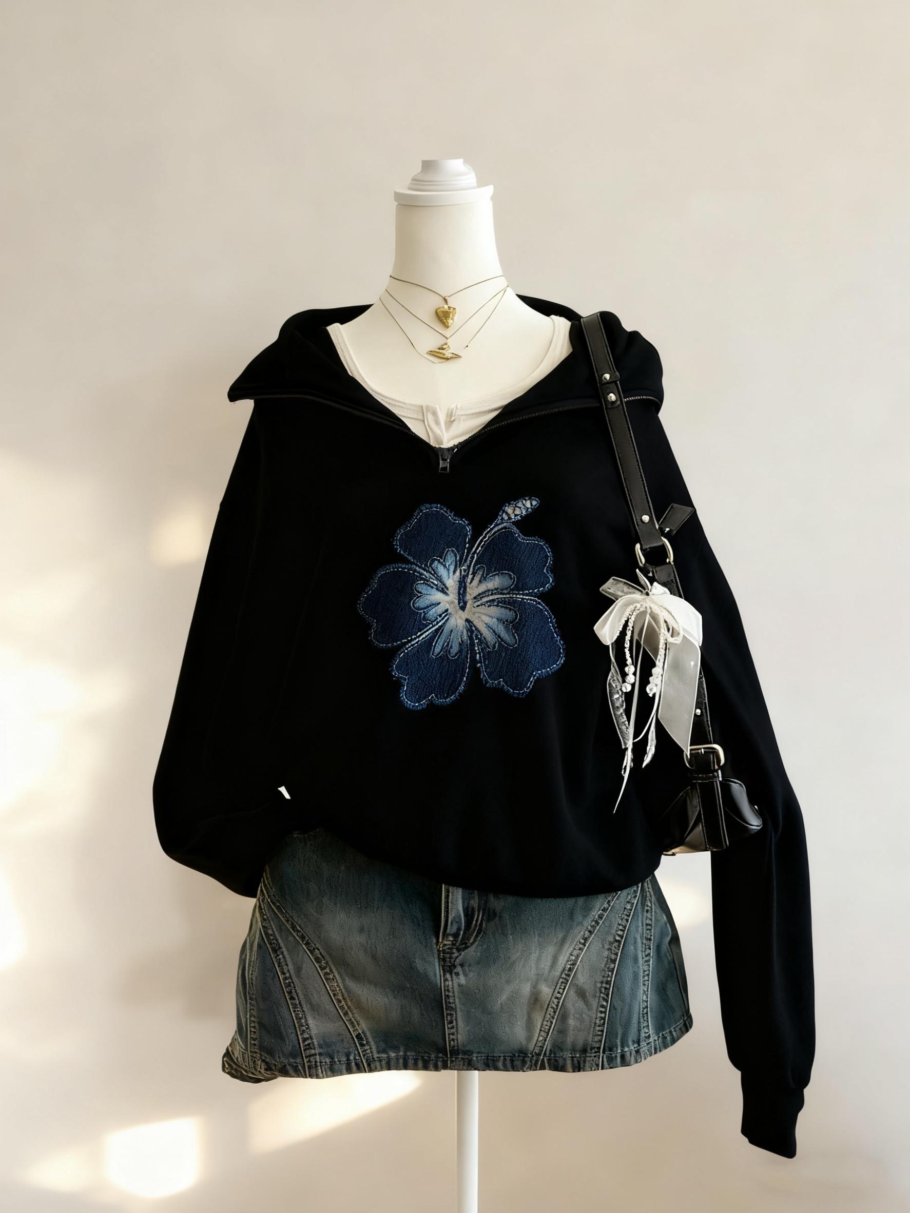 American Retro Floral Print Half-Zip Sweatshirt Hoodie, Short Waist Design, Casual Loose-Fitting, Fall & Winter Fashion, Sweet Cool Girl Vibe Style