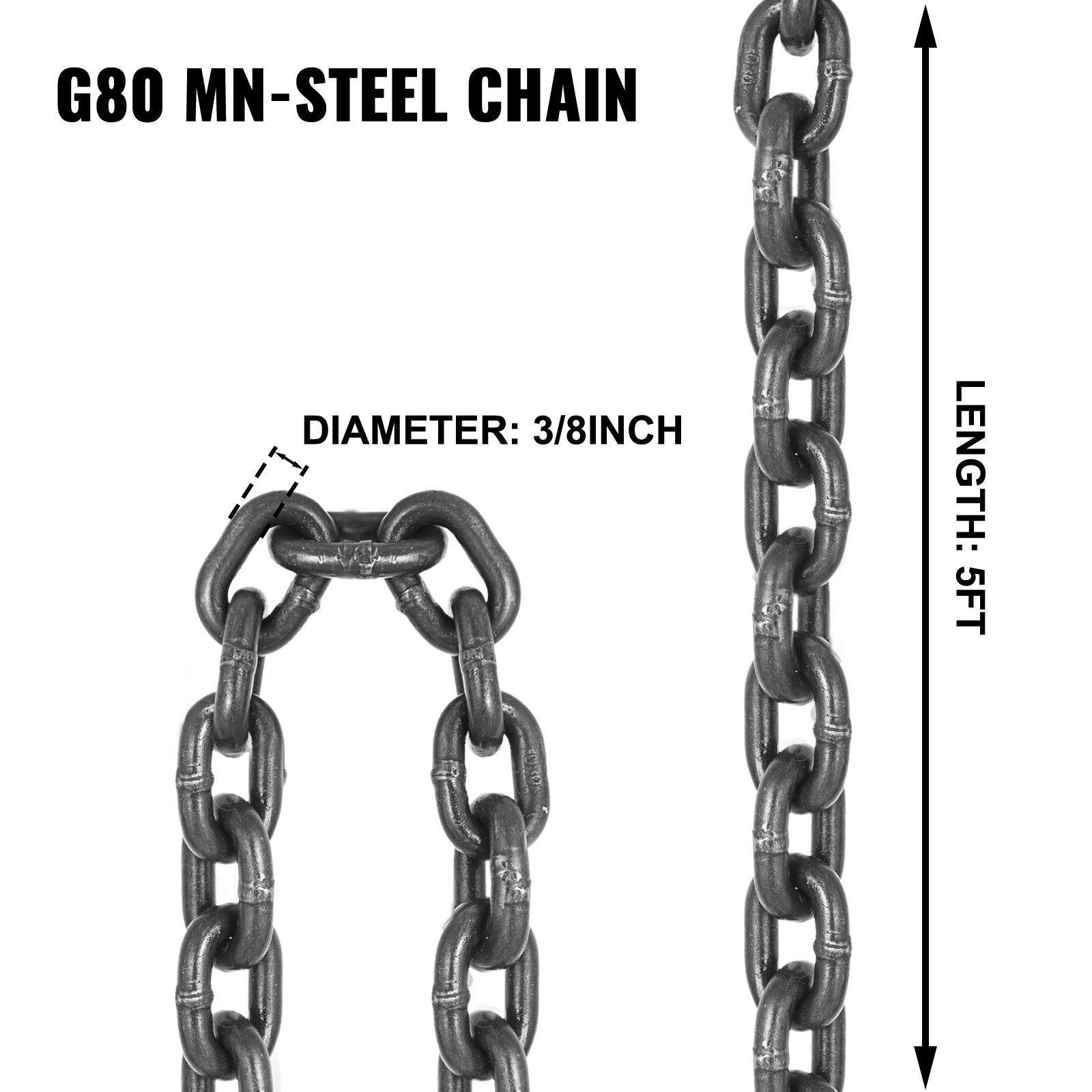 VEVOR Chain Sling, 3/8 inch x 5 ft Lifting Chains with Hooks, G80 Engine Chain Hoist Lifts, 11000 lbs/5 Ton Capacity Lifting Sling Chains for Engine Hoist, Engine Lift Chain with 2 Leg Grab Hooks VEVOR Chain Sling, 3/8 inch x 5 ft Lifting Chains with Hooks, G80 Engine Chain Hoist Lifts, 11000 lbs/5 Ton Capacity Lifting Sling Chains for Engine Hoist, Engine Lift Chain with 2 Leg Grab Hooks
