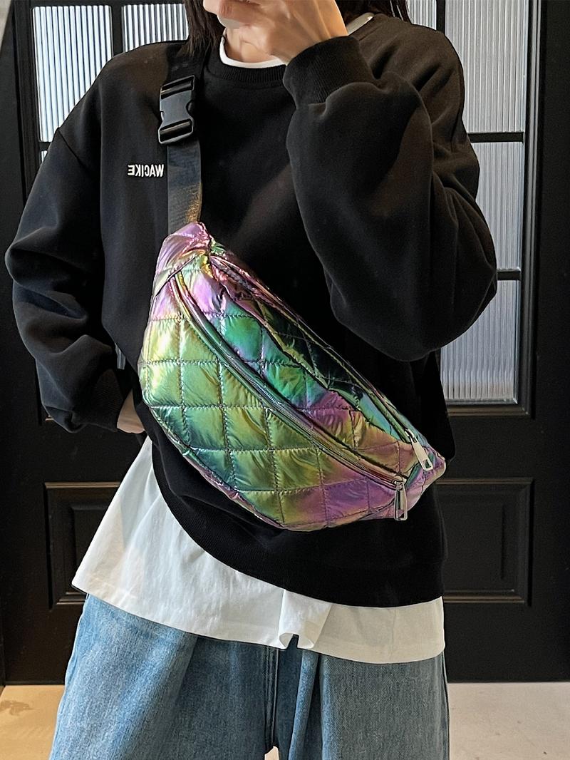 Women's Solid Color Quilted Fanny Pack, Fashionable Argyle Embossed Zipper Chest Bag for Daily Used, Casual Trendy Versatile High-quality Daily Commuting Bag