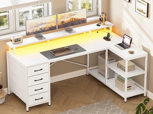 SEDETA 47.2 Inch L Shaped Desk with 4 Drawers and Storage Shelves L Shaped Gaming Desk with LED Lights Power Outlets