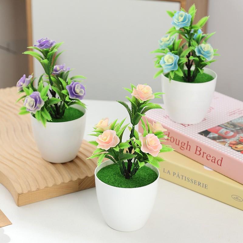 Decorative Ornament Artificial Flower Potted Plant Indoor Home Table Decor, Five-Leaf Plum Blossom Plastic Flower Plant