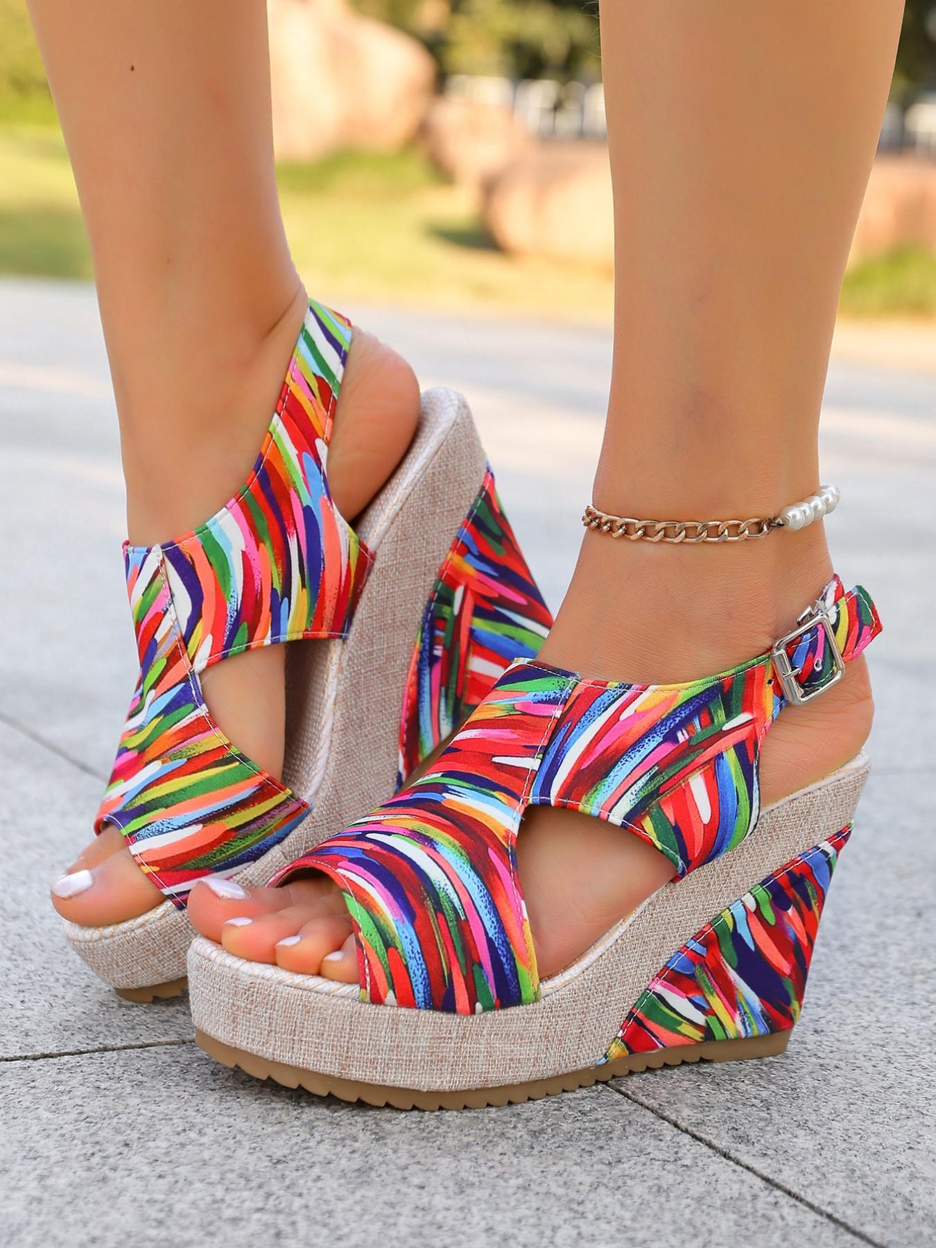 Women's Boho Rainbow Wedge Sandals, Adjustable Back Strap, Thick Sole, Anti-Slip, Comfortable, Multi-Color, Beach Vacation Shoes
