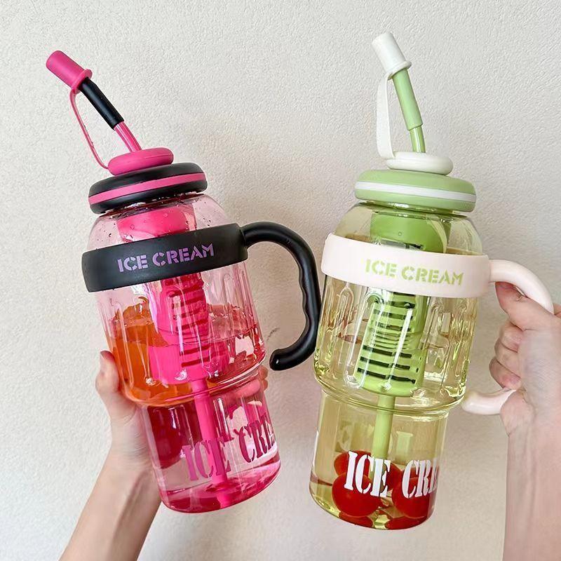1200ML Thermal Water Bottle with Tea Infuser and Straw, Large Handle, High Capacity, Cute, Dustproof, Summer Water Cup for Women and Students, Large Water Bottle, Lucky King Ice Water Cup