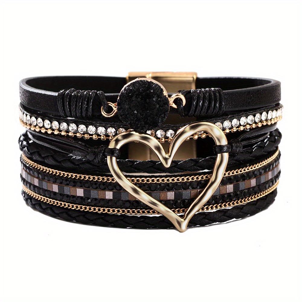 Bohemian Multi-Layer PU Leather Bracelet | Handmade Woven Gold Heart Bangle