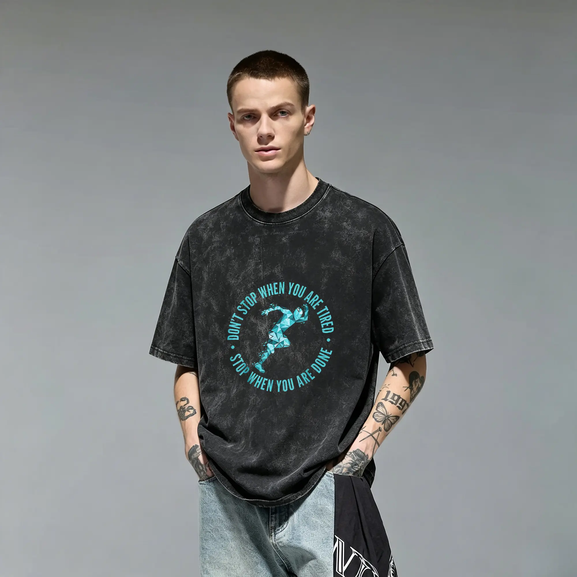 Dont Stop When You Are Tired Motivational Quote Workout Gym Fitness Runner Marathoner Vintage Washed Loose Fit Acid Wash Oversized 100% Cotton Graphic Tee T-Shirt for Men Novelty Gift Cutting Ideas Casual Everyday Wear Urban Streetwear Top