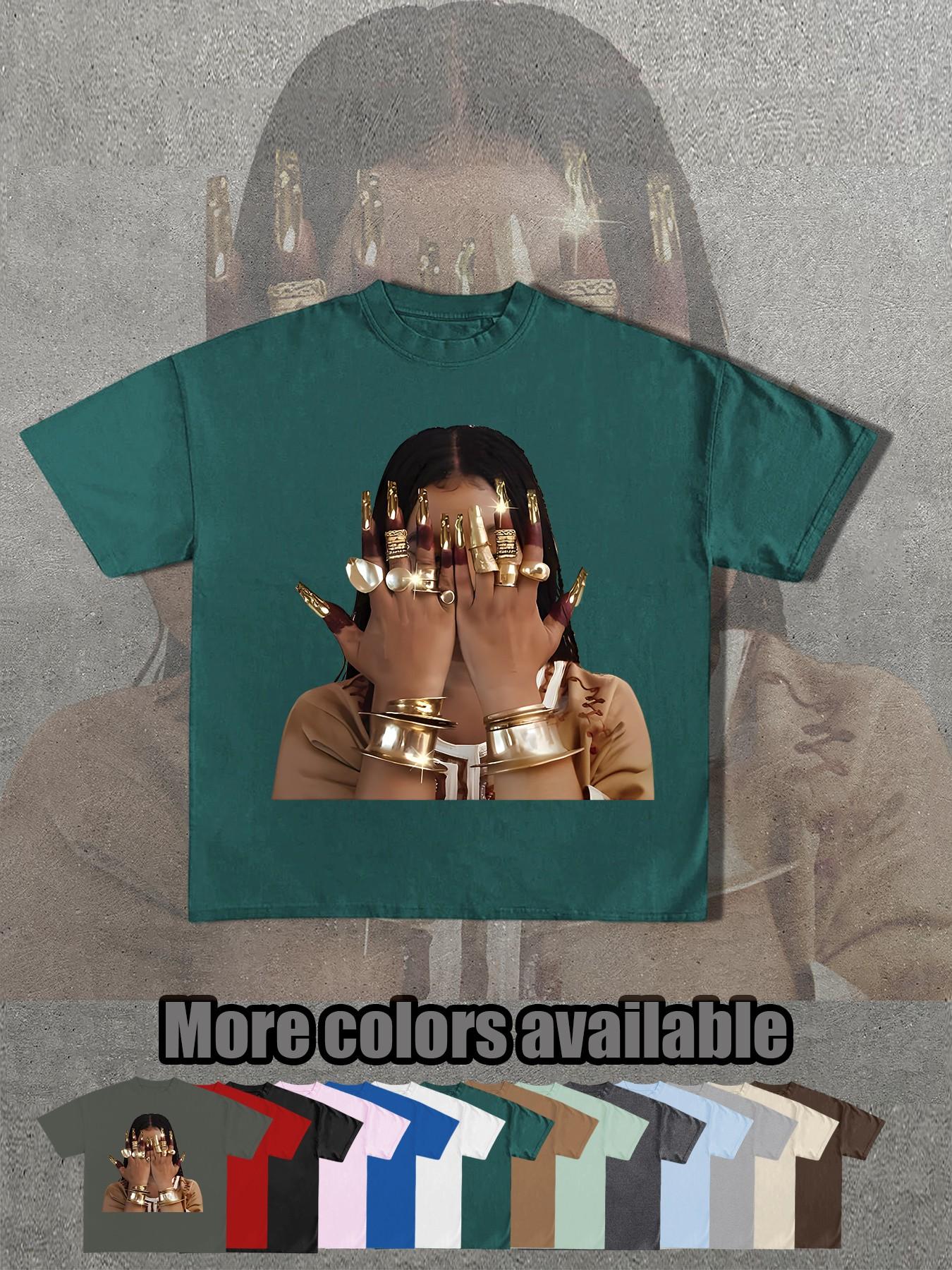 14 Color Options, Retro Egyptian Queen Gold Nail Print T-Shirt, Unisex Short Sleeve, Loose Fit, Street Style, Summer Fashion Essential