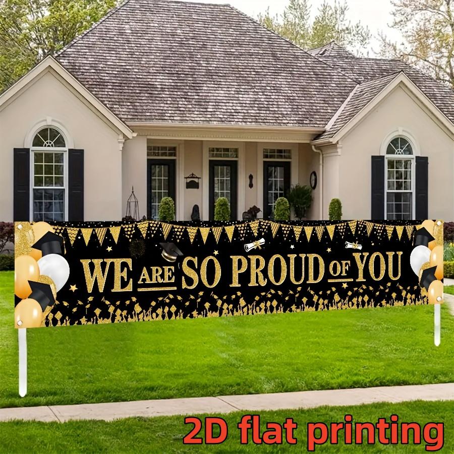 2D flat banner, 1 black gold graduation season banner We Are So Proud Of You Graduation party decoration background cloth European and American graduation ceremony courtyard layout Bachelor's hat balloon photo background wall Graduation Banner