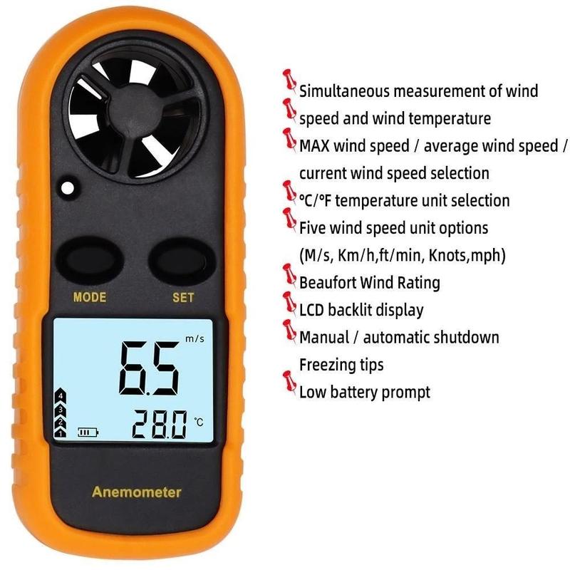 Professional Anemometer & Thermometer, High-Precision Digital Wind Speed Meter with LCD Backlight, Portable for Quick Outdoor/Indoor Air Flow & Temperature Measurement.