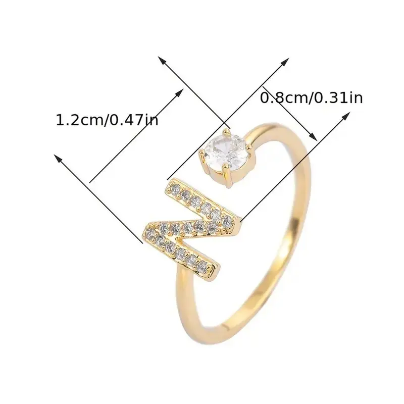 Exquisite Trendy Minimalist Adjustable Initial Letter Zircon Crystal Artificial Gemstone Ring - 26-Letter Band, Unisex Fashion Rings, Anniversary Gift for Him, Adult Jewelry Accessory for Everyday Wear