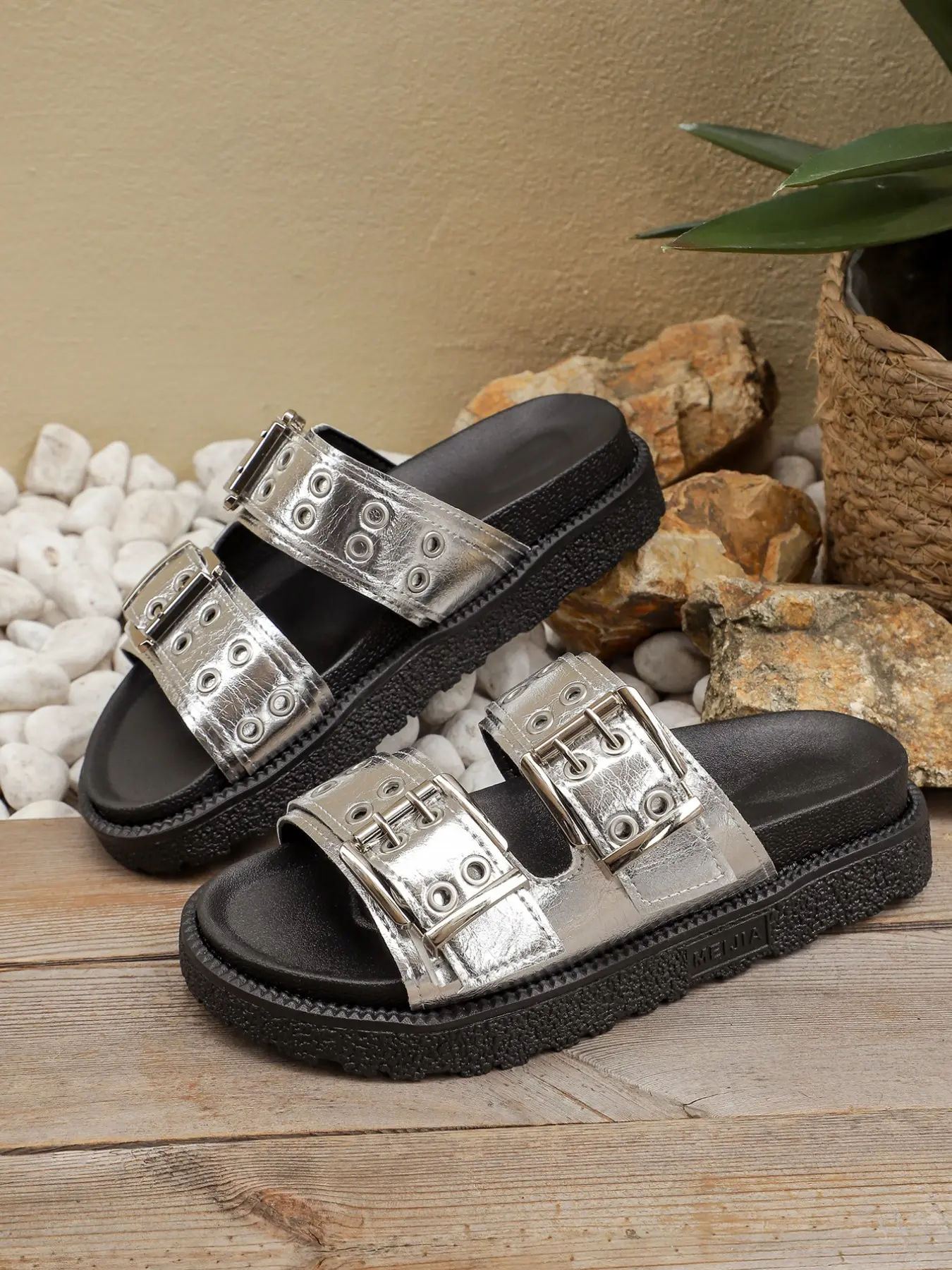 Double Buckle Eyelet Platform Slide Sandals, Vintage Metal Strap Open Toe Shoes, Casual Outdoor Flat Sandals For Women