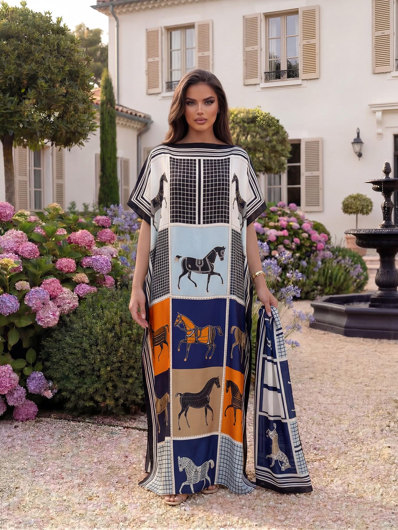 Women's Luxury Equestrian Style Silk Robe Set, Long Cape Dress + Scarf Headband, Beach Outdoor Sun Protection, All Seasons Chic Fashion