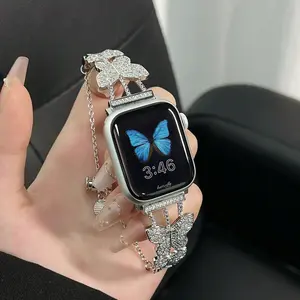 1PC metal butterfly rhinestone bracelet, Smartwatch strap, Wearable for Apple Watch bands, compatible with Apple Watch 38/40/41/42/44/45/46/49mm, suitable for Apple Watch series Ultra/SE/1-11, (strap only, watch and case not included)