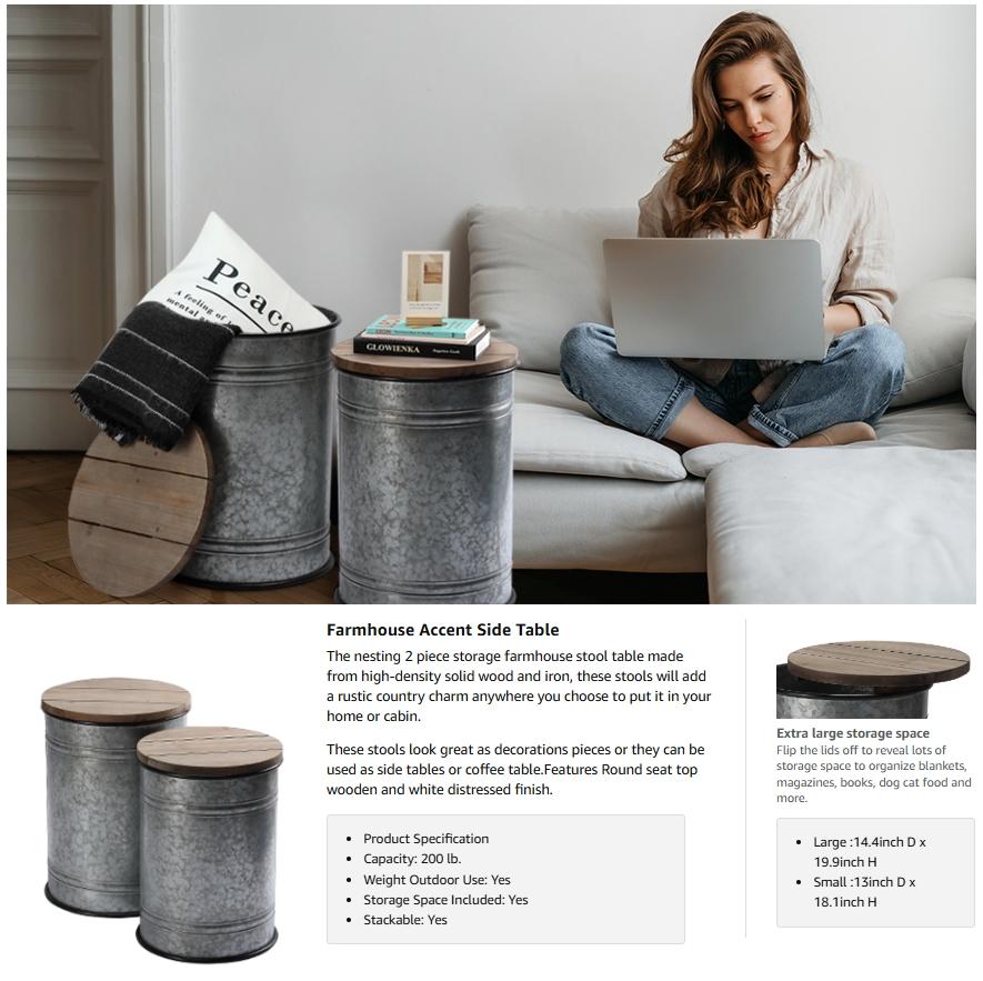 PieDle Farmhouse Accent Side Table, Rustic Storage Ottoman Seat Stool, Galvanized Antique Metal End Table Box Bin with Wood Lid, Coffee or Cocktail Table,Nesting Pieces Two