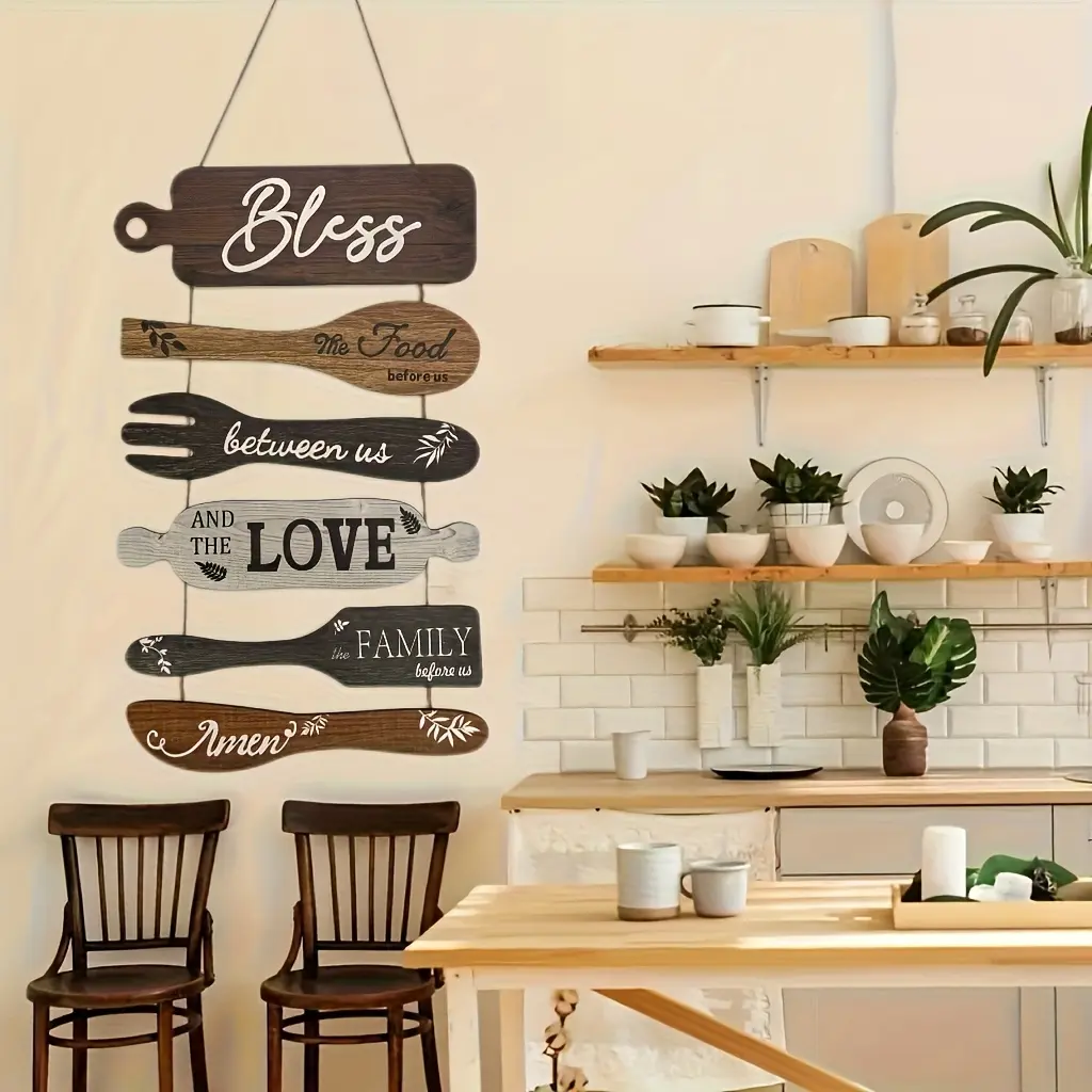 Wooden Kitchen Wall Decor Set, Rustic Utensil-Shaped Hanging Art with Hemp Rope, Wall Decor for Home, Kitchen and Dining Room, Farmhouse Wall Art