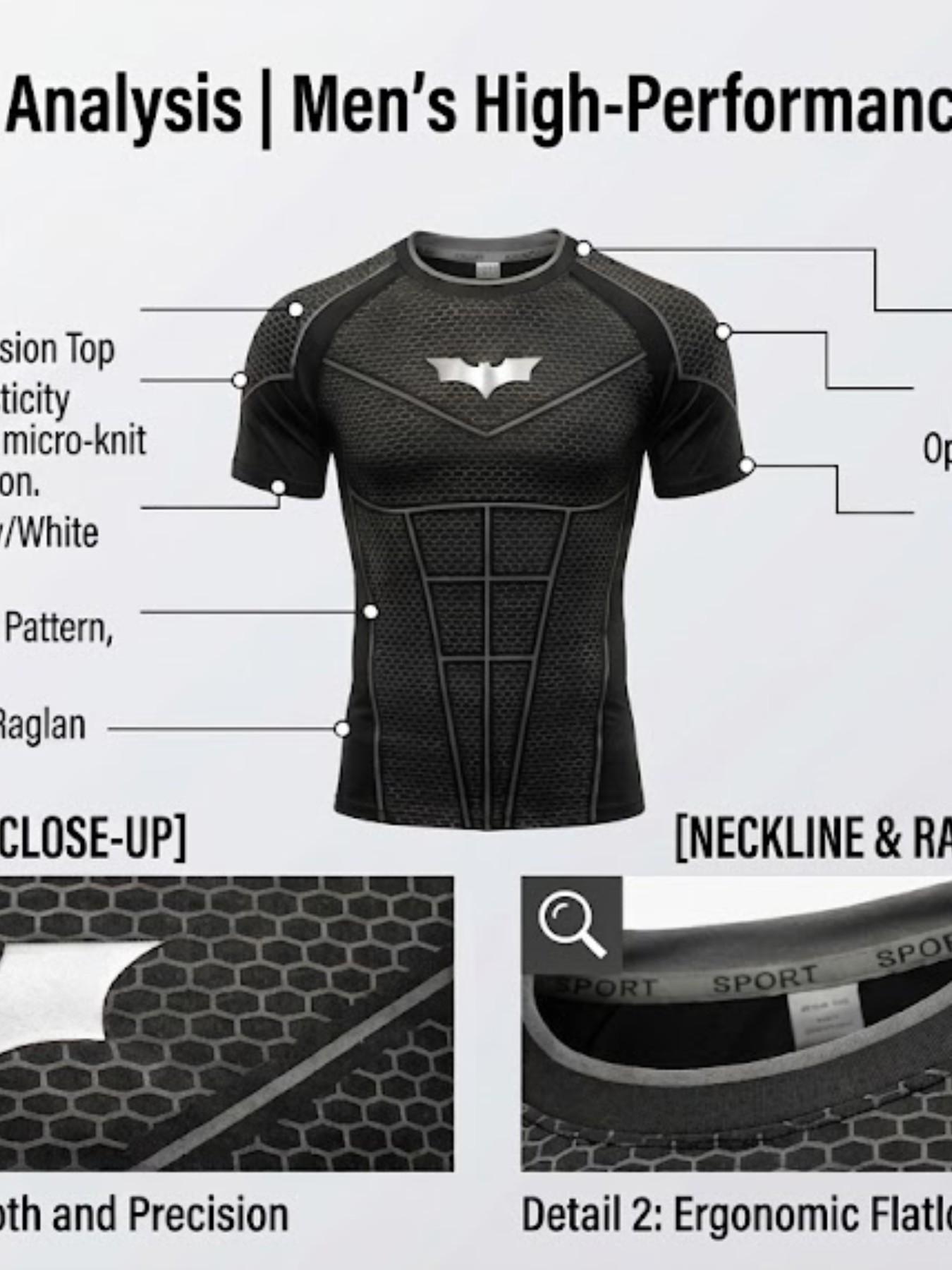 Men's Batman Compression Sports Shirt, Short Sleeve Workout Top, Quick-Dry Moisture-Wicking, Breathable, Ideal for Fitness Training