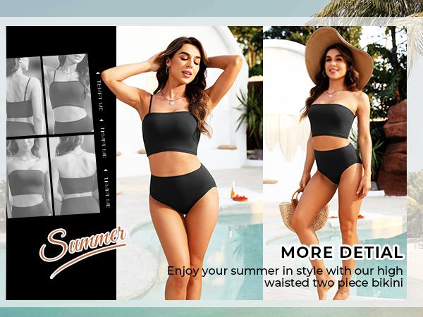 Tempt Me Women Bandeau Bikini Set Strapless Swimsuits High Waisted Two Piece Swimsuit Longline Bathing Suits with Full Coverage Bottom