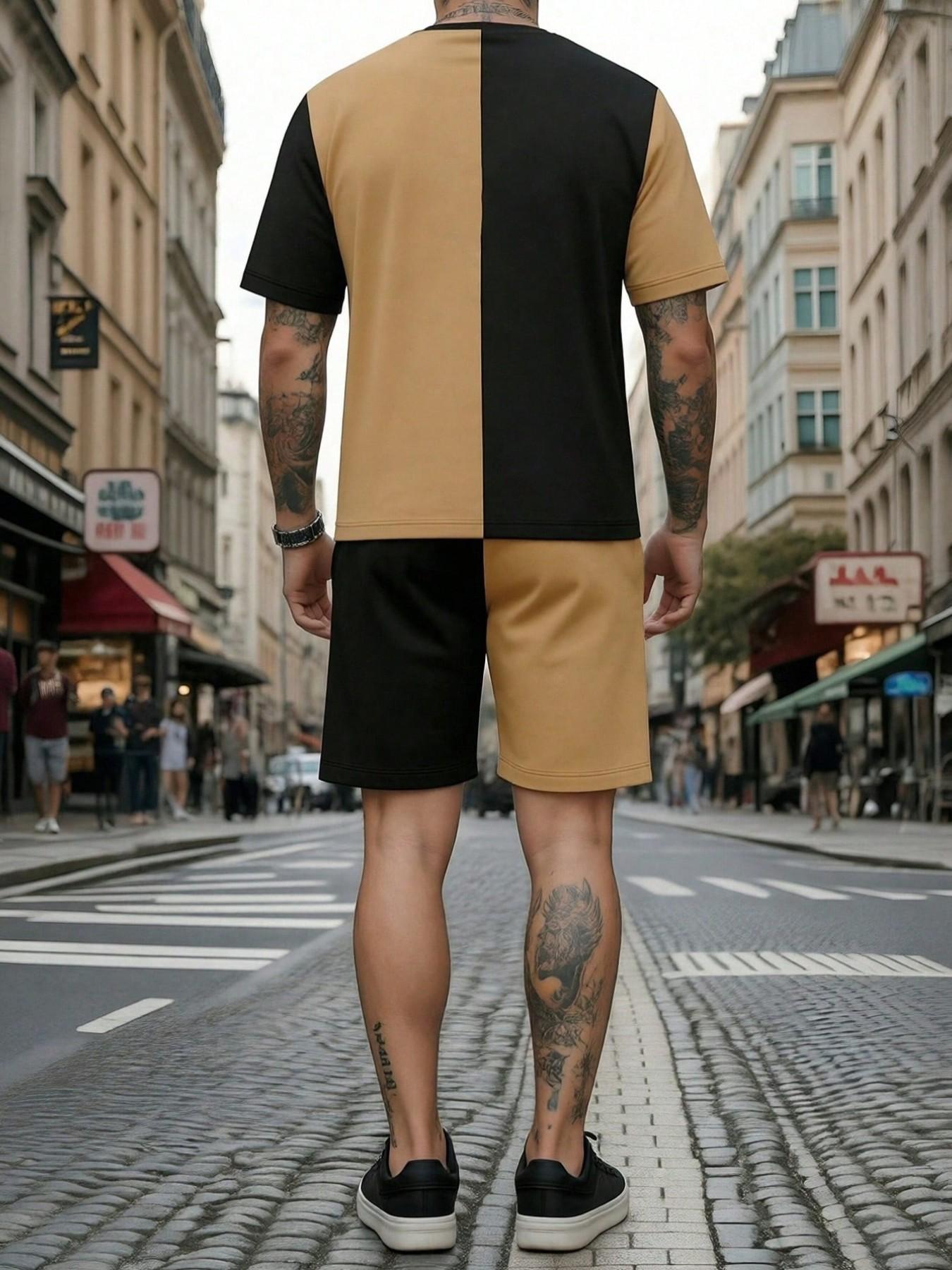 Men's Summer Letter & Cross Patchwork Print Short Sleeve T-Shirt and Shorts Set, Casual Fitted Above the Knee Suit, 2 Piece