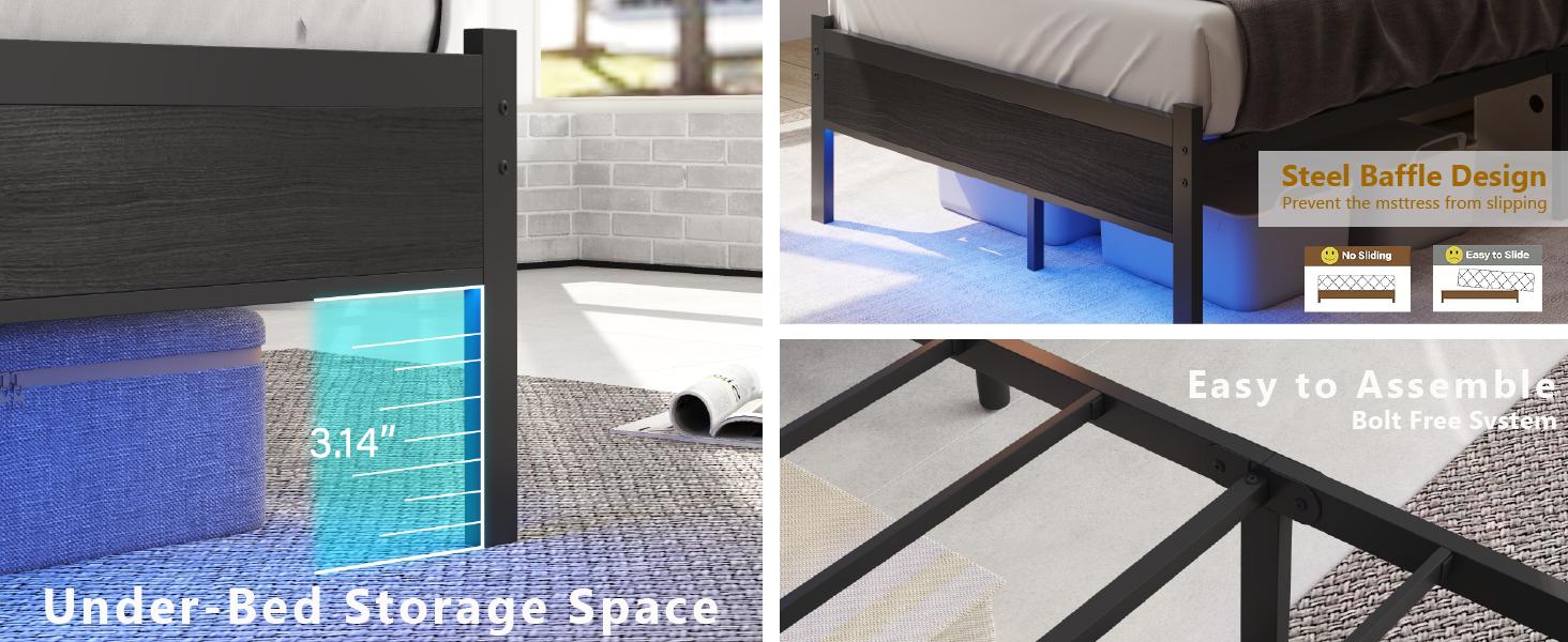 Queen Size Bed Frame with Charging Station and LED Lights,  Black Upholstered Headboard with 2-Tier Storage Shelves,Metal Bed Frame with Headboard, No Box Spring Needed, Easy Assembly, Black