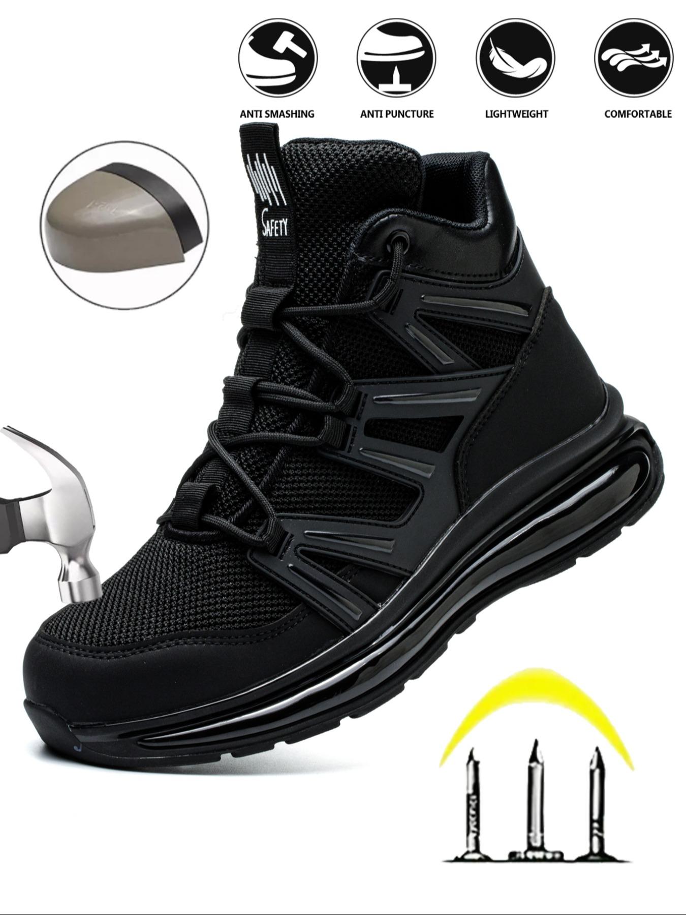 Men's Letter Pattern Steel Toe Slip Resistant Puncture Proof Construction Safety Work Shoes As Gift, Lightweight Breathable Anti-slip Work Shoes Steel Toe Sneakers