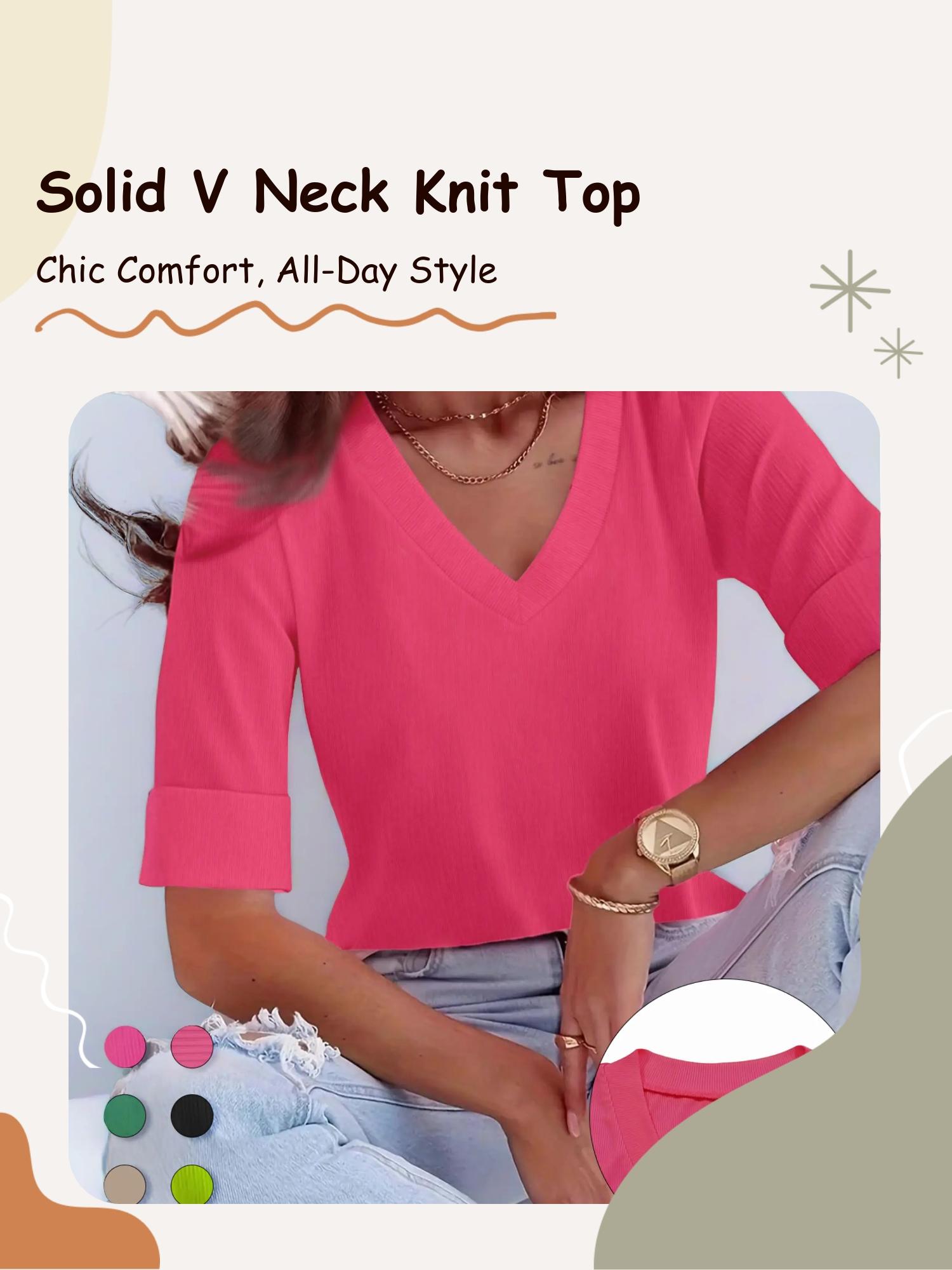 Plus Size Solid V Neck Roll Up Sleeve Tee, Casual T-shirt , Women's Plus Clothing for Daily Wear, Cute Tops, Quality and Durability Plus Size Solid V Neck Roll Up Sleeve Tee, Casual T-shirt , Women's Plus Clothing for Daily Wear, Cute Tops, Quality and Durability