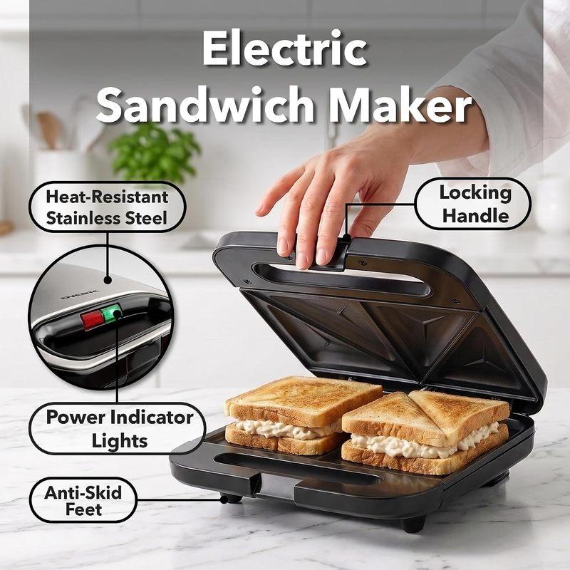 750W Electric Sandwich Maker with Nonstick Dual-Side Grill, 750w Power Compact Form Countertop Fit for Easy Clean-Up Home Breakfast Prep, Students/Apartments