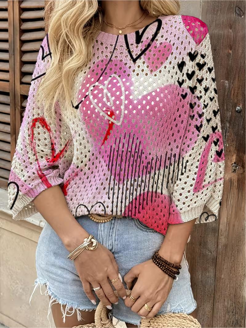 Spring and summer, round collar hollow out loose even shoulder sleeve blouse, bat hit color gradient printing multiple love lady knitted blouse, valentine's day holiday wind, casual elegant commuter vest smock, bikini smock, Bohemia resort wind sea smock