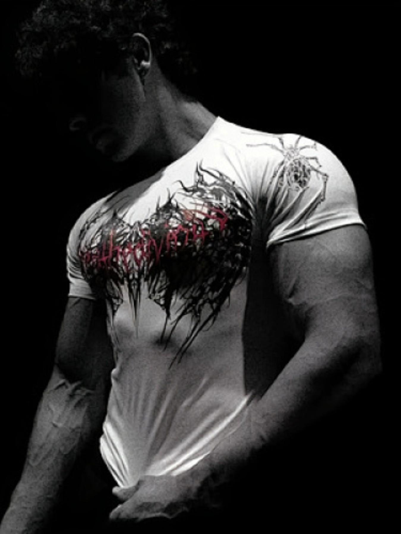 American Gothic Spider Print Gym Fit Short Sleeve High Stretch Quick Dry Sport T-Shirt, Streetwear Muscle Men Workout Top