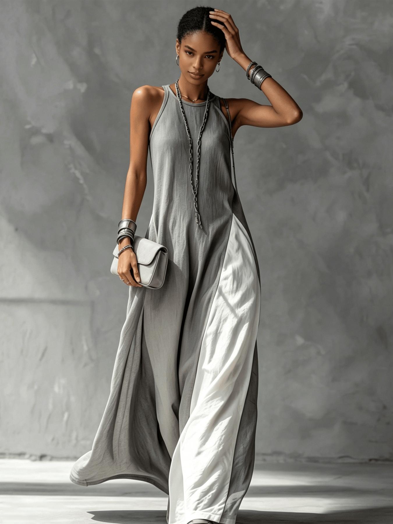 A women's color-blocking dress, Casual Beach Dress, Beach Resort Wear, with sleeveless vest, draping and flesh-concealing long skirt, suitable for summer, beach vacation, exploring shops, attending exhibitions, dating, and enjoying afternoon tea