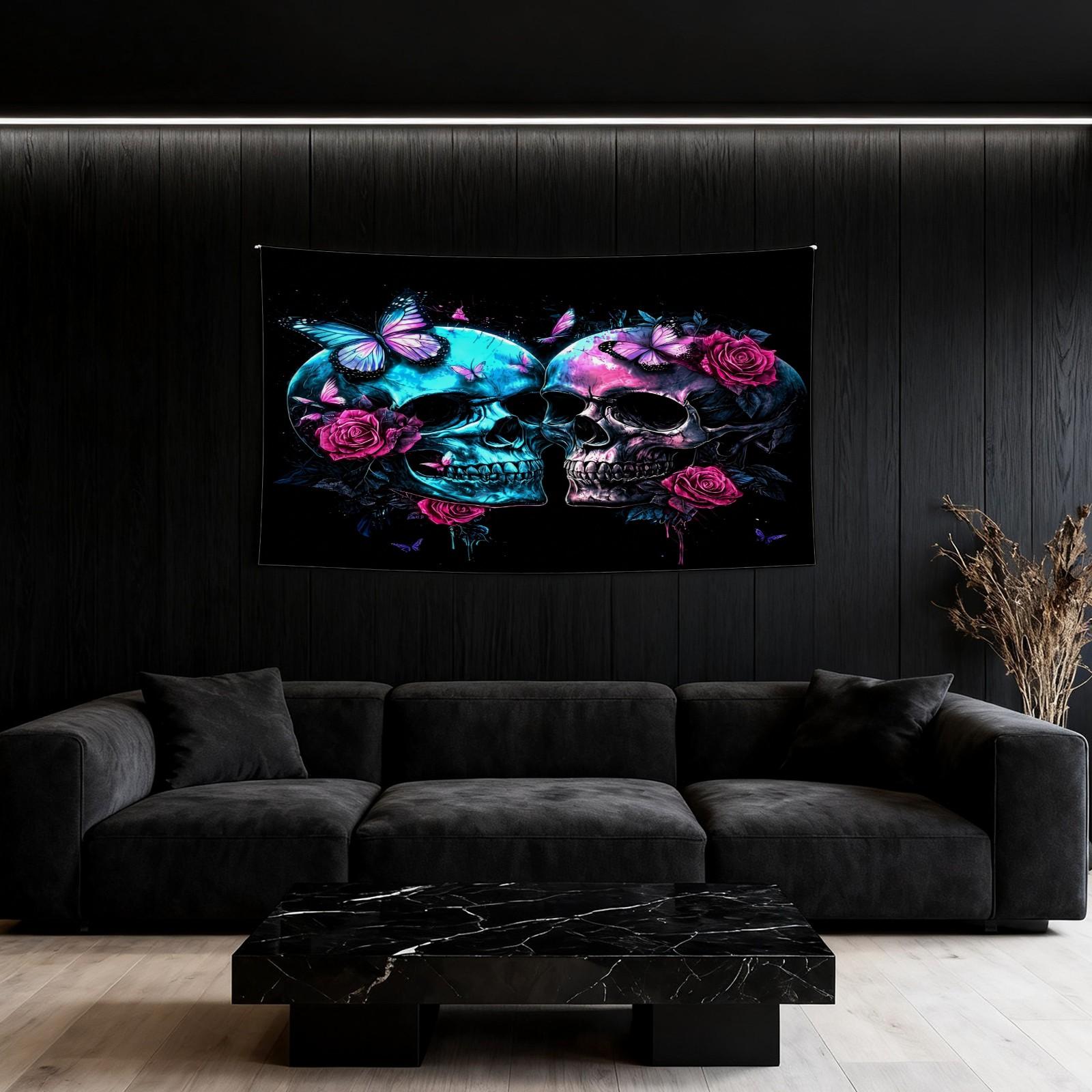 Neon Skull & Rose Print Tapestry, Gothic Aesthetic Style, Vivid & Fade-Resistant, Personalized Home Decor, Ideal for Bedroom, Living Room & Dorm, Perfect Keepsake Gift