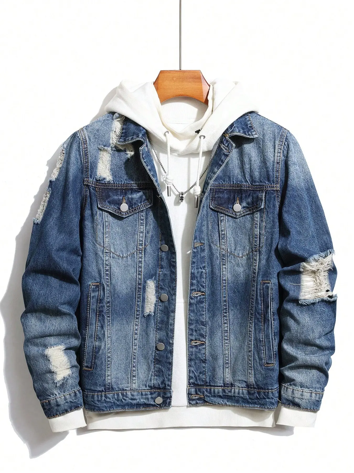Men's Fashion Casual Street Denim Jacket, Distressed Multi-Pocket, All-Match, American Minimalist College Style, Autumn/winter Outerwear, Denim Jacket Coat