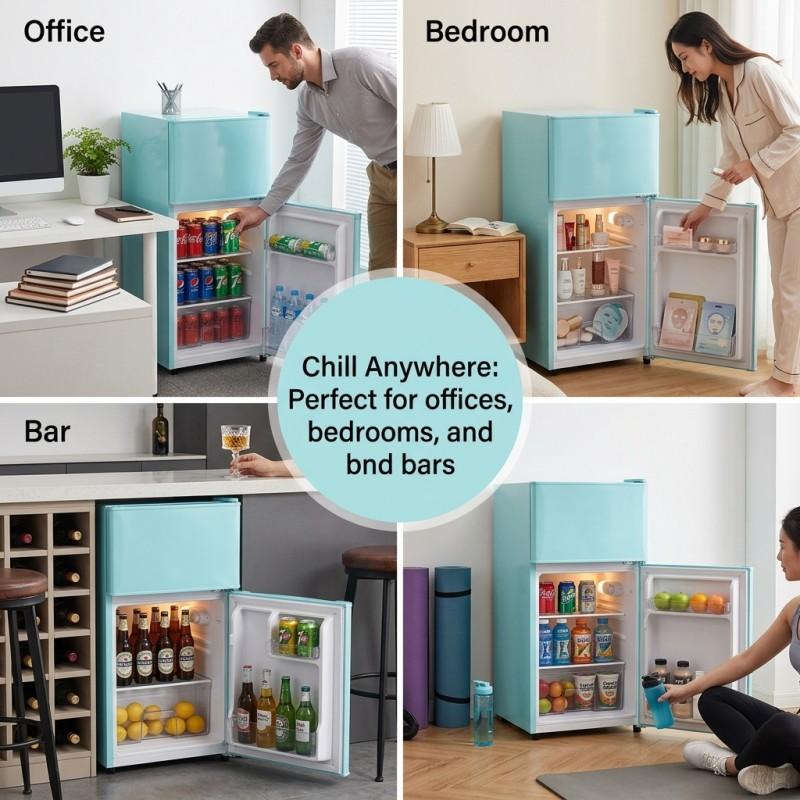 Vintage 3.5 Cu.Ft 2-Door Compact Fit Fridge-Freezer with Chrome Handles & Curved Edges, Retro Compact Refrigerator for Bedroom Dorm Apartment
