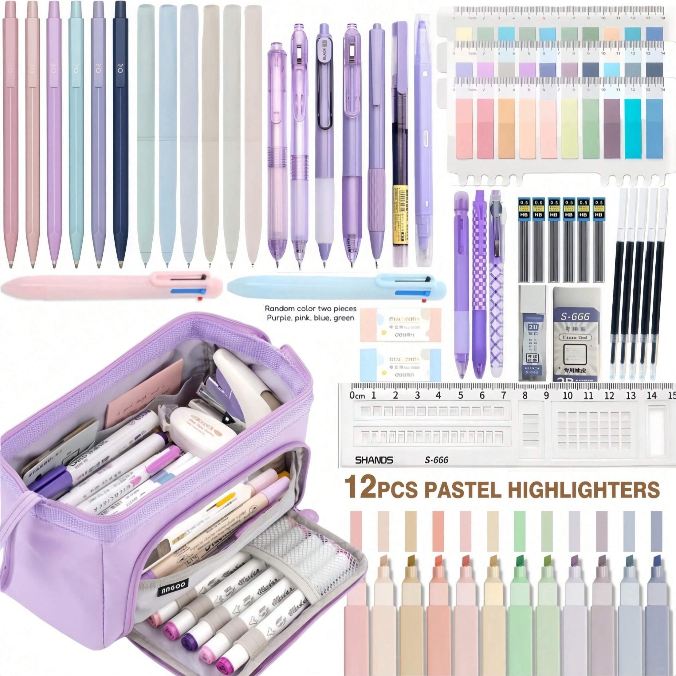 56 Pcs Aesthetic School Supplies, Cute Pencil Case, 12 Pastel Highlighters, 7 Ink Gel Pens, 6 Mechanical Pencils 0.5mm, Office & College Essentials