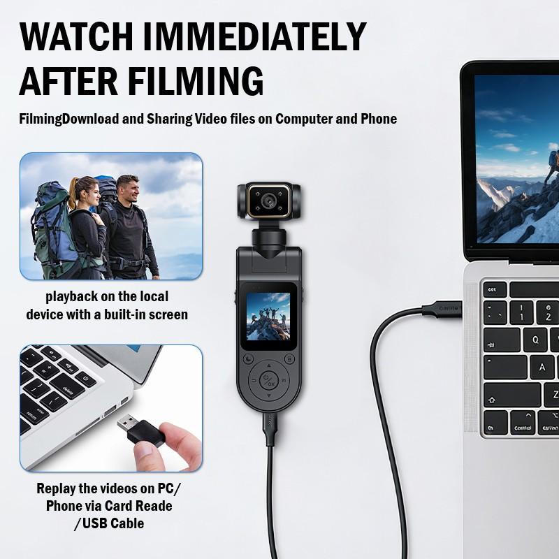 Handheld Vlog Camera 1080P-4K, WiFi Gyro Stabilized, Wearable Sports Camera, Outdoor Cycling Waterproof, USB Charging