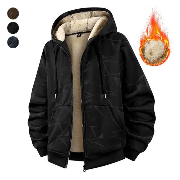 Hot seller for autumn/winter—men’s plus-size hooded fleece jacket with thick down lining for warmth; loose, casual open-front outerwear; versatile fleece sweatshirt-style jackets suitable for everyday commuting and trendy outfits.
