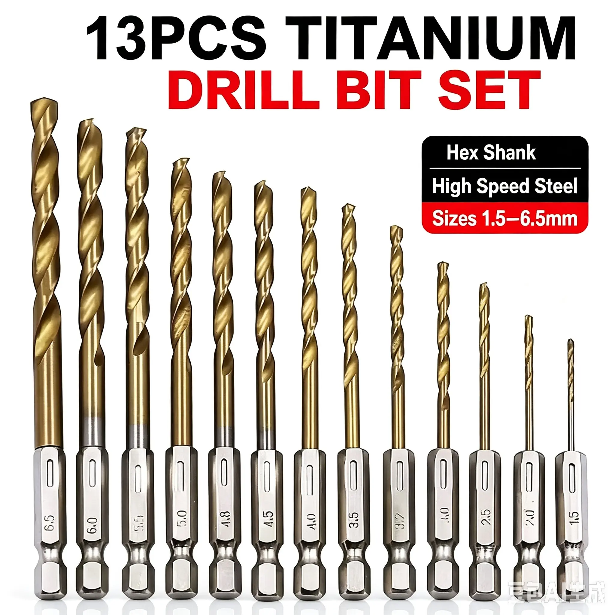 13-Piece Hex Shank Titanium Coated Torque Drill Bit Set, 1.5-6.5mm Metric Steel Bits, Quick Change Handle for Wood Plastic Aluminum