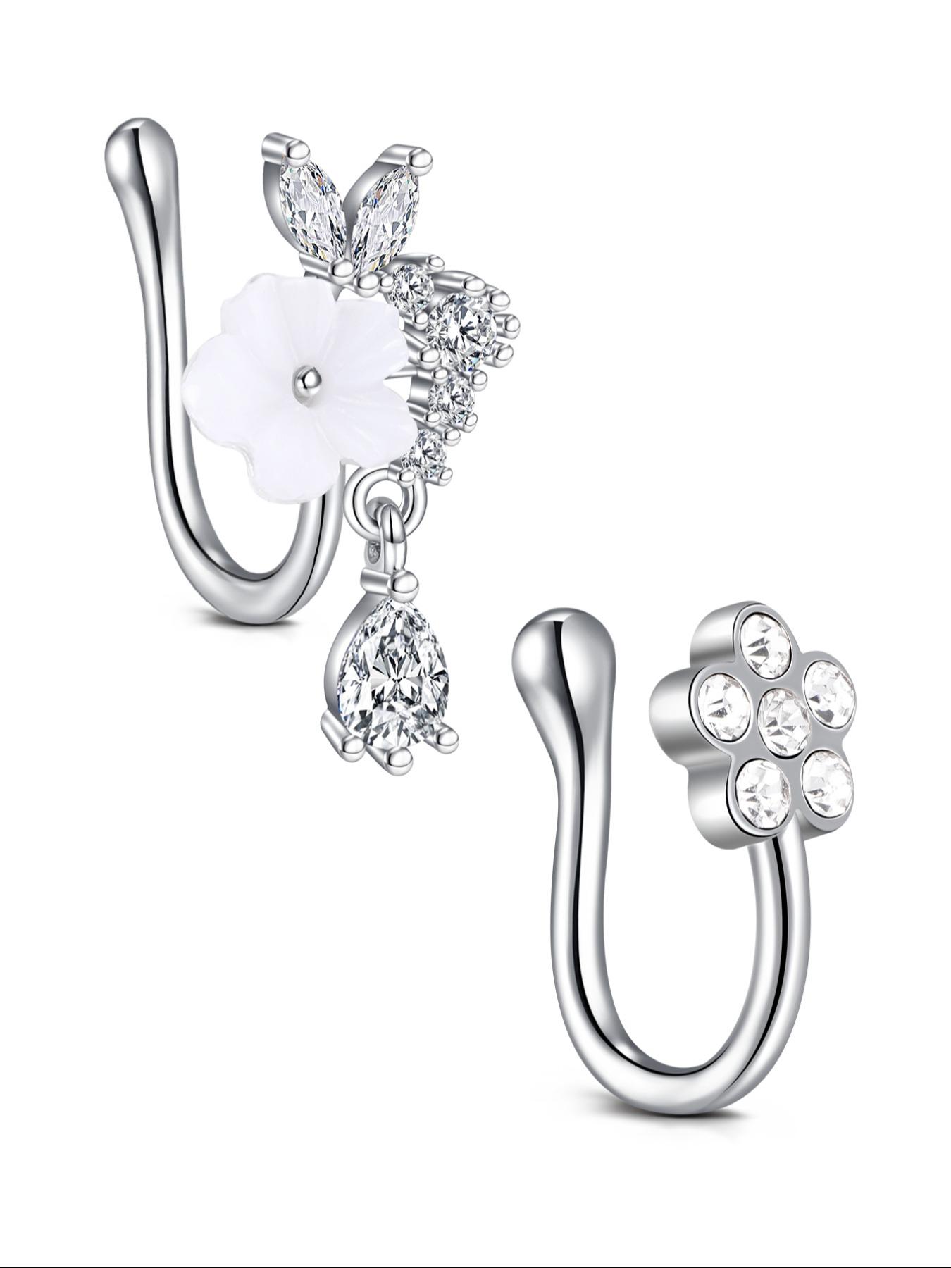 Non-Piercing Zirconia Nose Ring Clip, Nose Cuff, Moon Butterfly Design, Silver Color, Elegant Women's Jewelry Accessory, No Piercing Needed