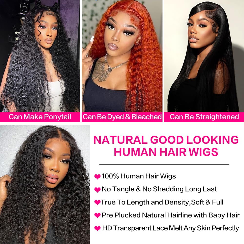 [30 inch hot] Water Wave 13x6 Lace Front Wigs Human Hair 180 Density 13x6 HD Full Lace Frontal Wigs Pre Plucked Wet and Wavy Glueless Deep Curly Human Hair Wigs for Women Natural Black TikTokShopBlackFriday